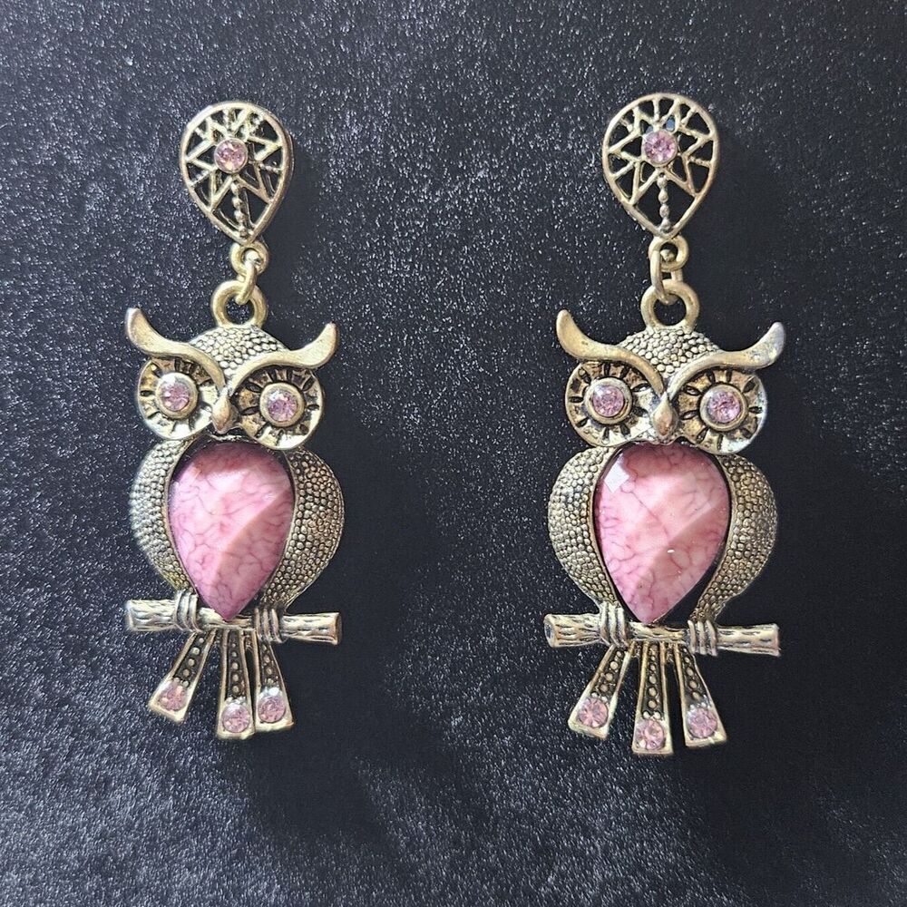 Gold Tone Dangling Owl With Purple Earrings - Picture 2 of 11